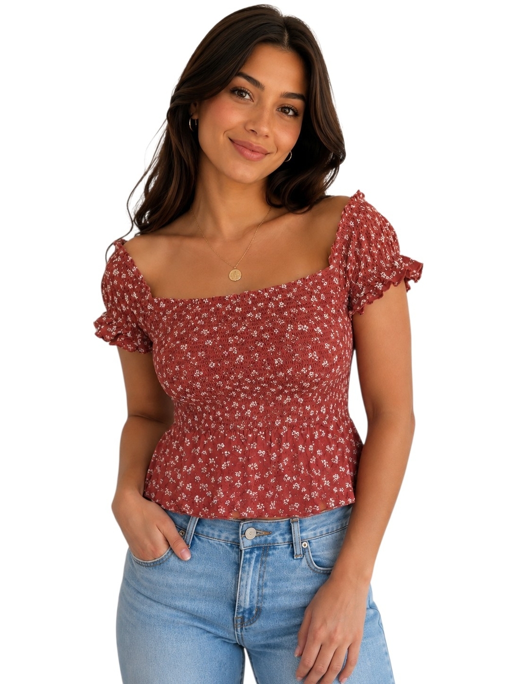Japna - Smocked Floral Off Shoulder Top